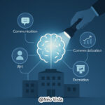 Cerveau central éclairé connecté à plusieurs pôles métiers représentant les services d’une entreprise : communication, RH, commerce, formation.
