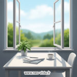 Table de bureau baignée de lumière avec documents, plante verte et fenêtre ouverte, évoquant une pause estivale propice à la réflexion stratégique en communication.