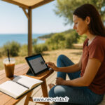 Une femme détendue apprend sur tablette à l’extérieur sous une tonnelle, avec un carnet et un café glacé, face à la mer