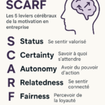 Infographie en français expliquant le modèle SCARF avec 5 leviers : statut, certitude, autonomie, lien social, équité.