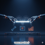Bras robotisés se transmettant un bâton lumineux, symbolisant le transfert de savoir-faire sur une ligne de production.