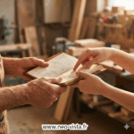 Mains d’un collaborateur expérimenté transmettant un carnet de savoir-faire à un collègue plus jeune dans un atelier flou en arrière-plan.