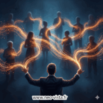 Manager dirigeant une équipe intergénérationnelle reliée par des flux lumineux, symbolisant la transmission et la cohésion au travail.