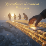 Une main construisant un pont brique par brique, symbolisant la reconstruction de la confiance