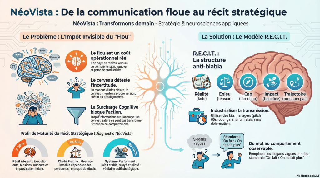 Infographie NéoVista expliquant la logique du storytelling stratégique en entreprise : clarifier le récit, réduire l’incertitude, aligner communication, RH, formation et commerce autour d’une histoire commune.