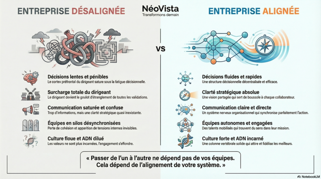 Comparaison visuelle entre entreprise désalignée et entreprise alignée montrant différences de décisions, communication, équipes et performance selon le modèle NéoVista