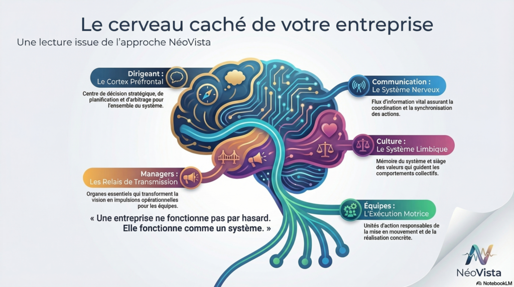 Infographie sur le cerveau de l’entreprise illustrant le fonctionnement du cerveau collectif : dirigeant comme centre décisionnel, communication comme système nerveux, managers comme relais, culture comme mémoire et équipes comme exécution opérationnelle.