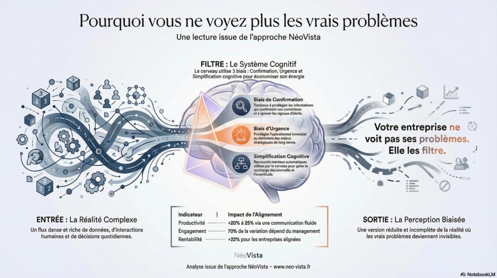 Infographie sur les biais cognitifs en entreprise expliquant pourquoi les organisations ne voient plus leurs vrais problèmes : biais de confirmation, biais d’urgence et simplification cognitive filtrant la réalité et créant une perception biaisée du fonctionnement de l’entreprise.