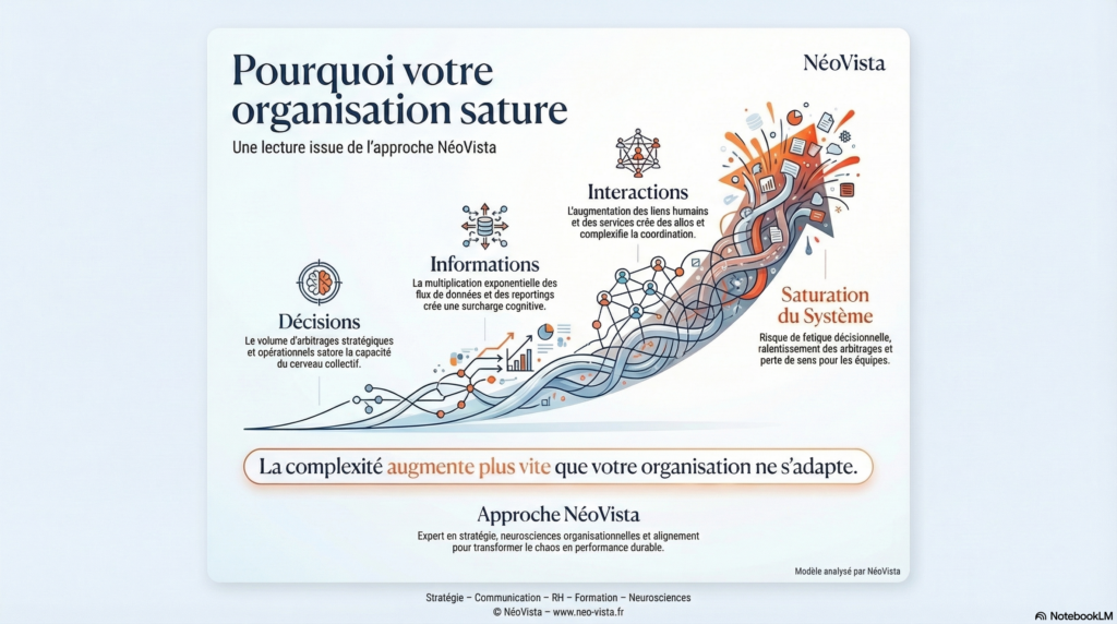 Infographie expliquant pourquoi une organisation sature avec la croissance : augmentation des décisions, des flux d’informations et des interactions, créant une surcharge cognitive du système et une complexité exponentielle dans l’entreprise.