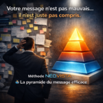 Illustration de la pyramide du message efficace NéoVista montrant le passage d’une communication confuse à une structure claire basée sur les neurosciences pour améliorer l’impact et la conversion en entreprise