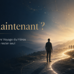 Visuel inspirant représentant une personne face à un chemin lumineux symbolisant le Voyage du Héros intérieur, la transformation personnelle, le besoin de cadre et l’accompagnement en neurosciences.