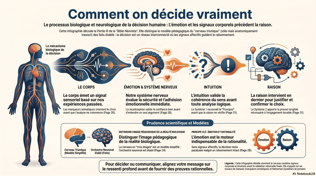 Infographie NéoVista, les étapes d'une décision mêlant raison, émotion et signal corporel