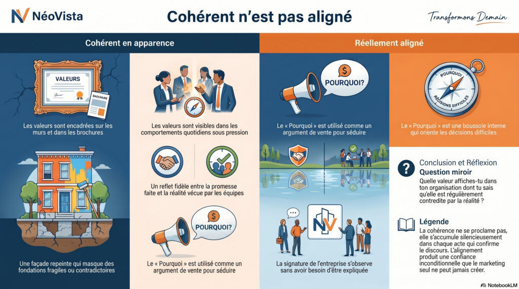 Infographie NéoVista comparant une entreprise cohérente en apparence et réellement alignée
