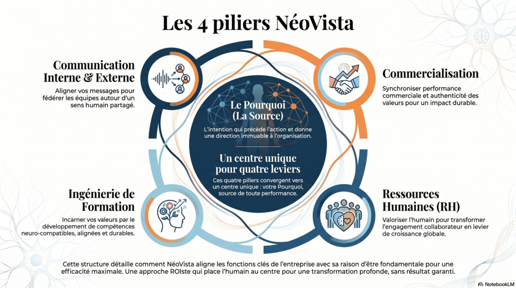 Infographie des quatre piliers NéoVista, communication, commercialisation, RH, formation, autour du Pourquoi