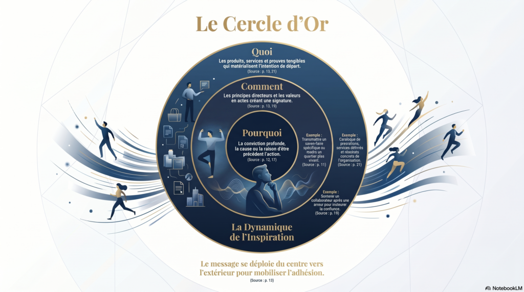 Infographie NéoVista du Cercle d'Or, trois cercles concentriques Pourquoi, Comment, Quoi, du centre vers l'extérieur